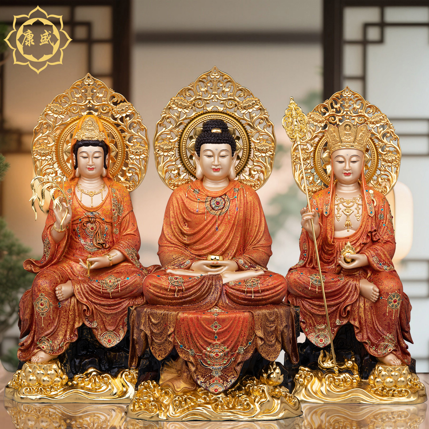 非遗大漆黄铜娑婆三圣佛像释迦佛地藏王菩萨观音菩萨家用供奉摆件