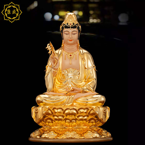 观音菩萨佛像台湾铜鎏金坐莲观音娑婆三圣观世音佛像家用供奉摆件