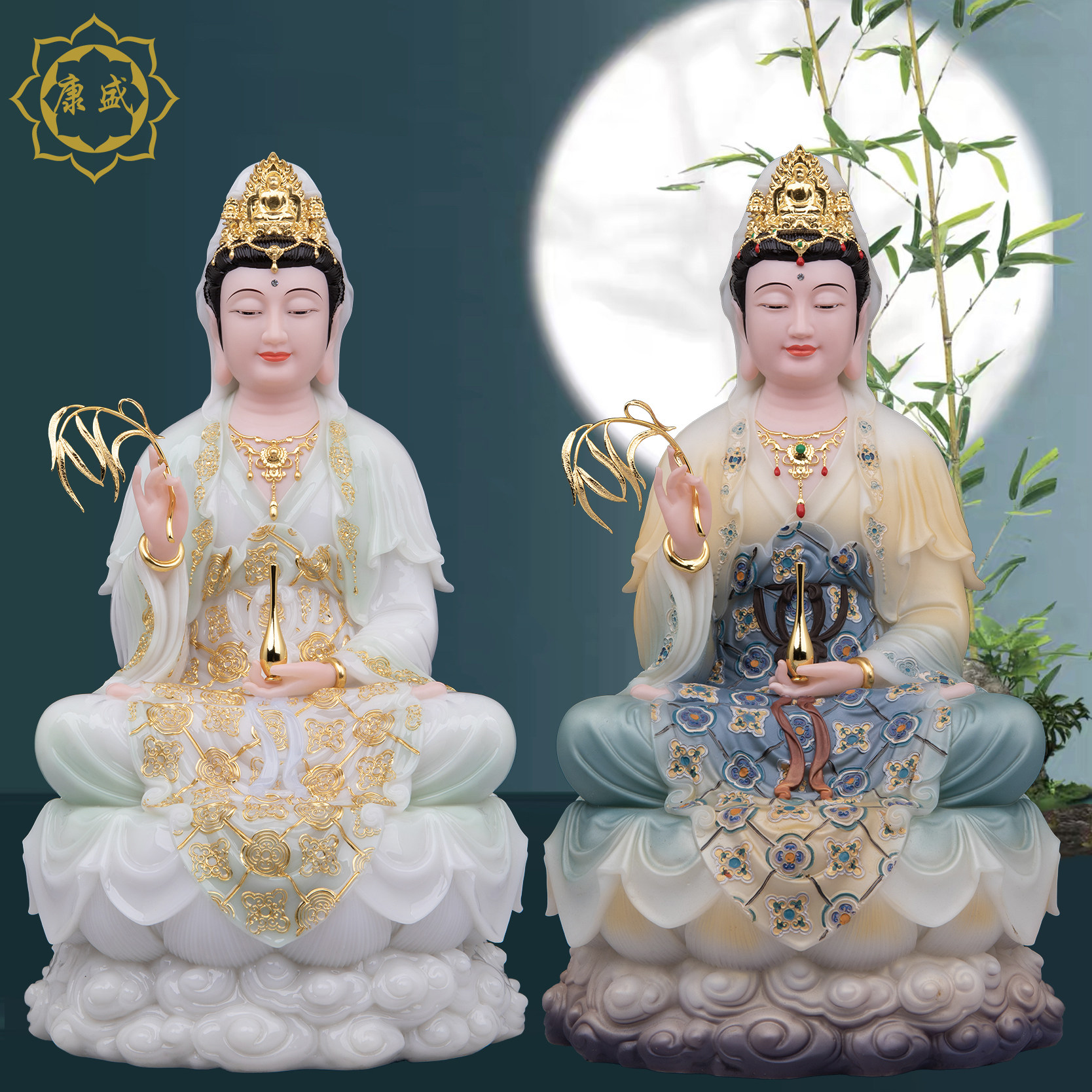 观世音菩萨佛像家用供奉汉白玉心造帝一坐莲观音祝福中式摆件彩绘