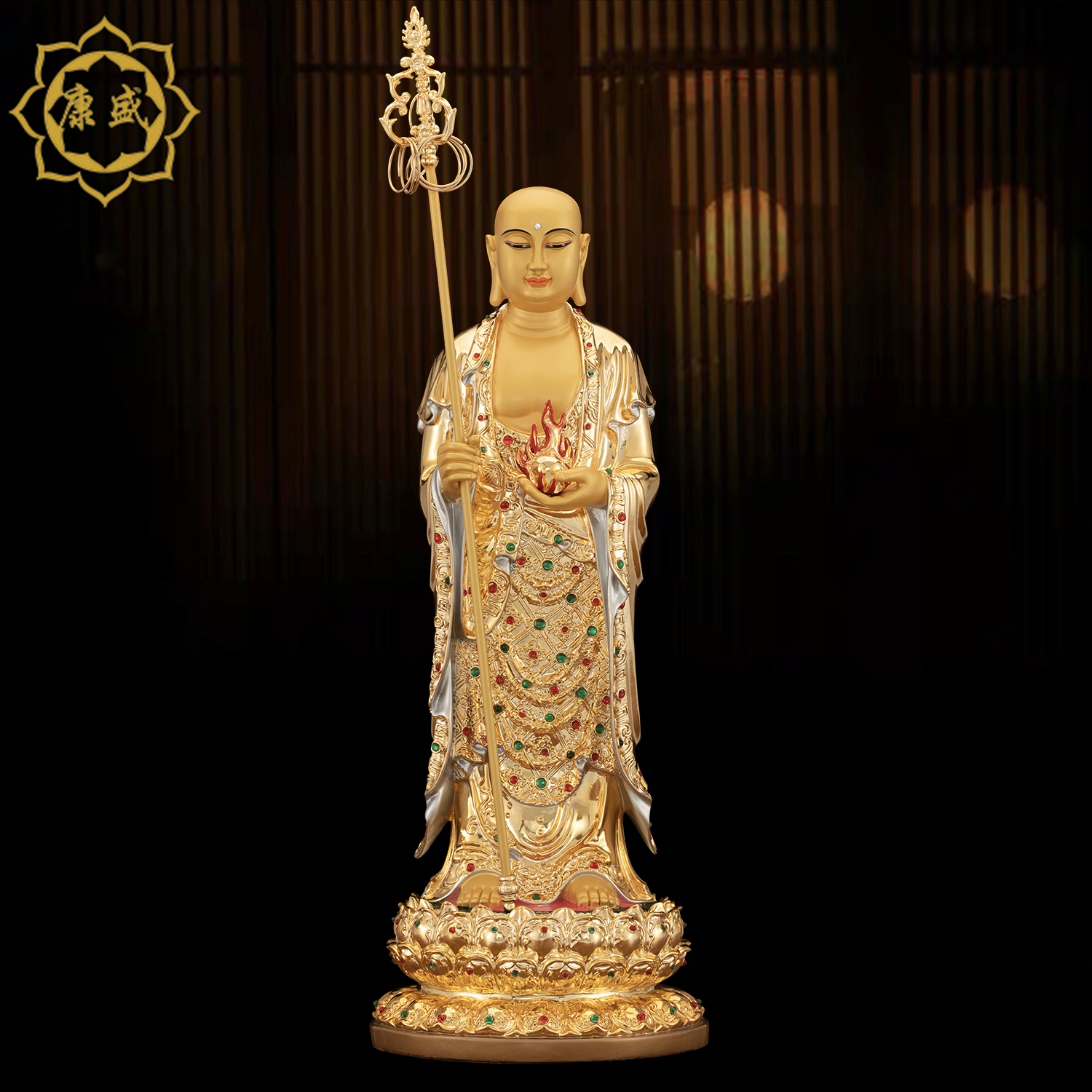 地藏王菩萨佛像 台湾铜鎏金嵌钻19寸九华山地藏菩萨佛像桌面摆件