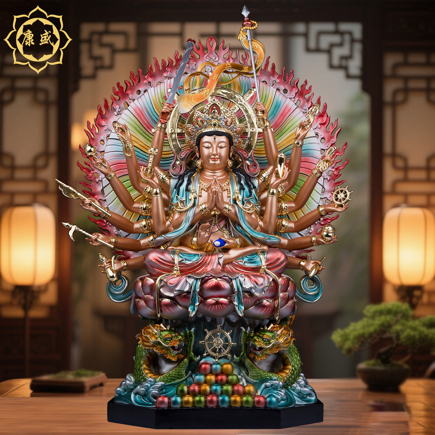 双龙准提佛母菩萨像树脂彩绘准提菩萨准胝观音七俱胝佛母家用摆件
