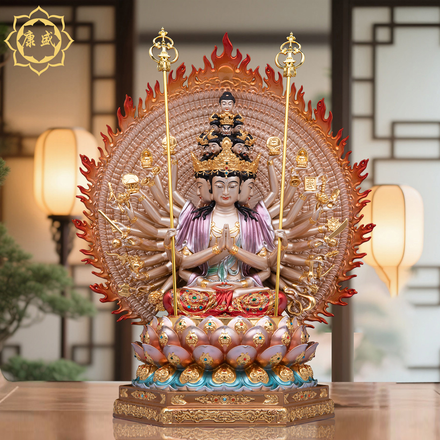 千手观音佛像千眼千臂观世音菩萨铜像全铜彩绘家用佛堂供奉摆件