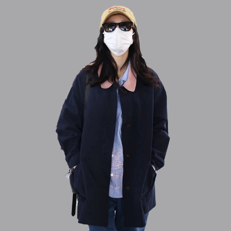 无常规方领中长款通勤拼色风衣