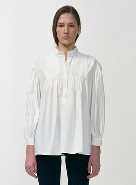 noting written白色衬衫女25秋新款纯棉白色立领褶皱灯笼袖娃娃衫