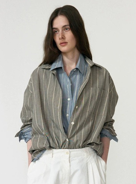 nothing written炭灰色条纹衬衫女25秋冬新款宽松翻领衬衣外套
