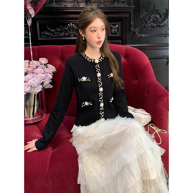 ROUMIKL小香风毛衣miu系穿搭套装女秋冬重工镶钻开衫外套上衣半裙