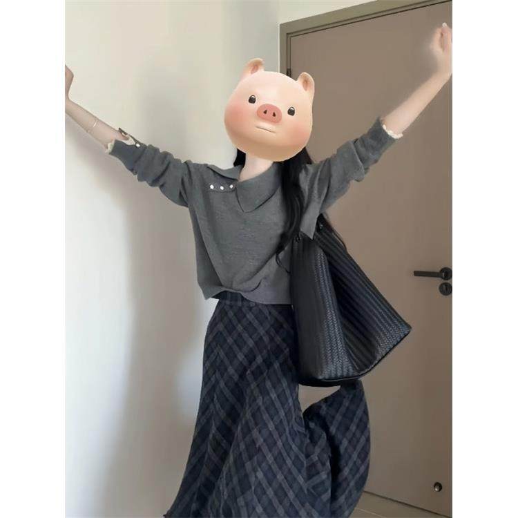 ROUMIKL灰色针织衫毛衣女秋冬韩系套装裙蕾丝拼接套头短款上衣半