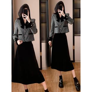 ROUMIKL大码法式蝴蝶结小香风裙子套装胖mm收腰高级感短外套半身