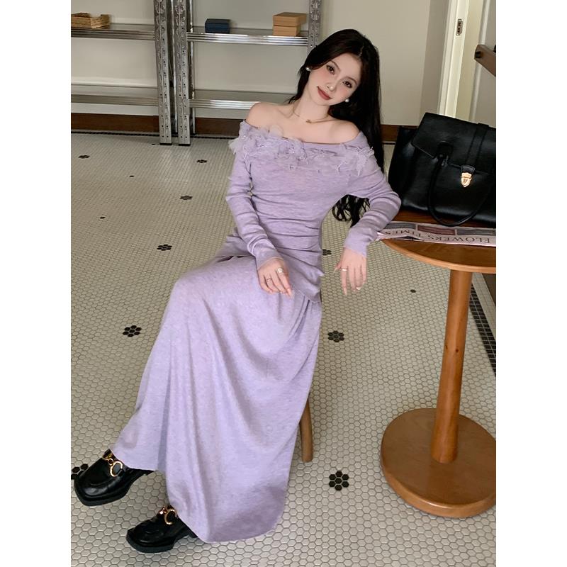 ROUMIKL一字肩上衣半身裙法式针织套装裙女秋冬韩系设计感穿搭绝