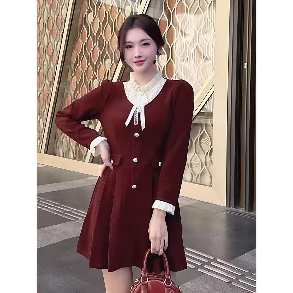 ROUMIKL法式覆古小香风红色长袖礼服裙大码胖mm收腰遮肚子显瘦减