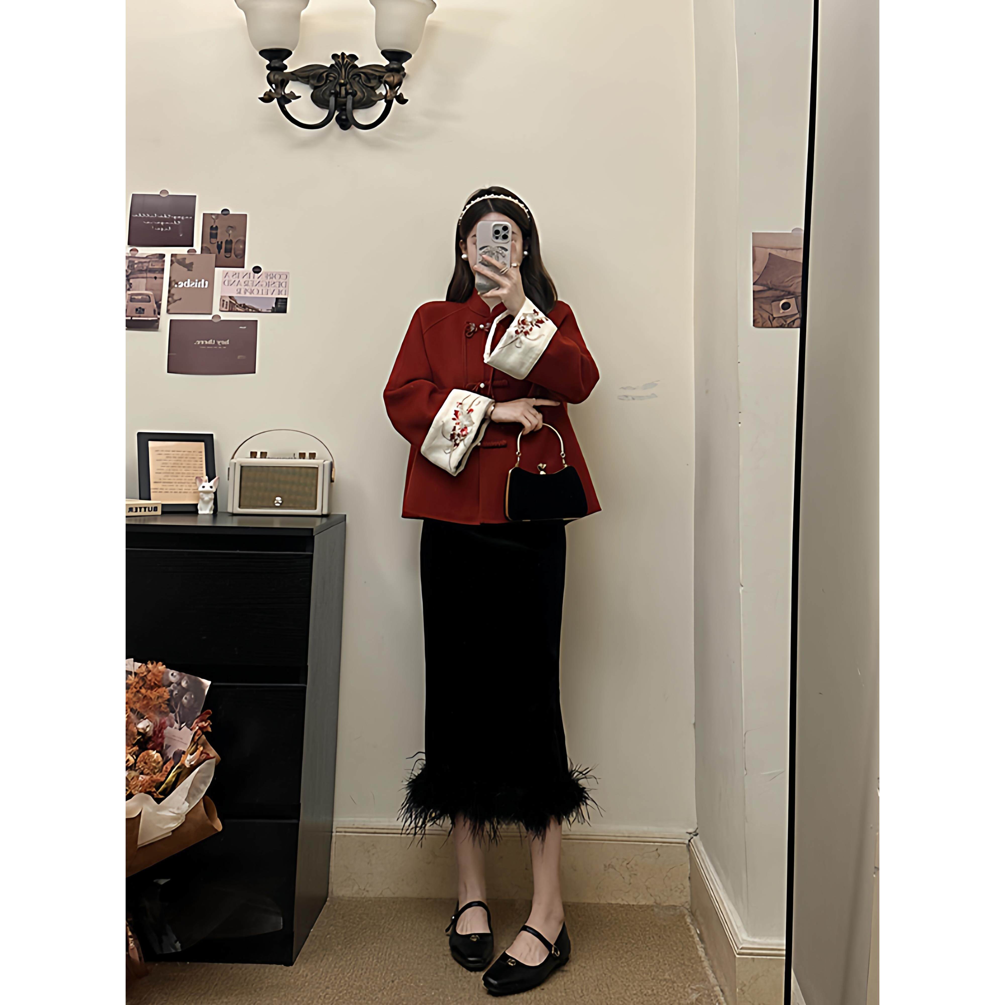 ROUMIKL秋冬大码女装胖mm新中式覆古风红色盘扣外套黑色显瘦半身