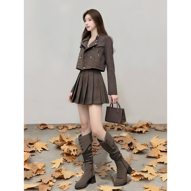 ROUMIKL韩系千金感穿搭套装裙女秋冬覆古短款麂皮绒夹克外套百褶