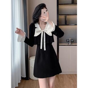 ROUMIKL秋冬加绒法式小香风黑色长袖连衣裙大码胖mm收腰显瘦高级