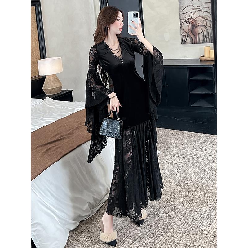 ROUMIKL万圣节哥特风穿搭黑色连衣裙女秋冬黑色礼服裙子日常可穿