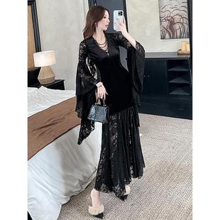 ROUMIKL万圣节哥特风穿搭黑色连衣裙女秋冬黑色礼服裙子日常可穿