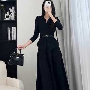 ROUMIKL春秋法式高级感黑色长袖连衣裙两件套大码胖mm收腰显瘦穿