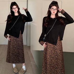 ROUMIKL早春初秋法式设计长袖上衣豹纹半身裙两件套大码胖mm显瘦