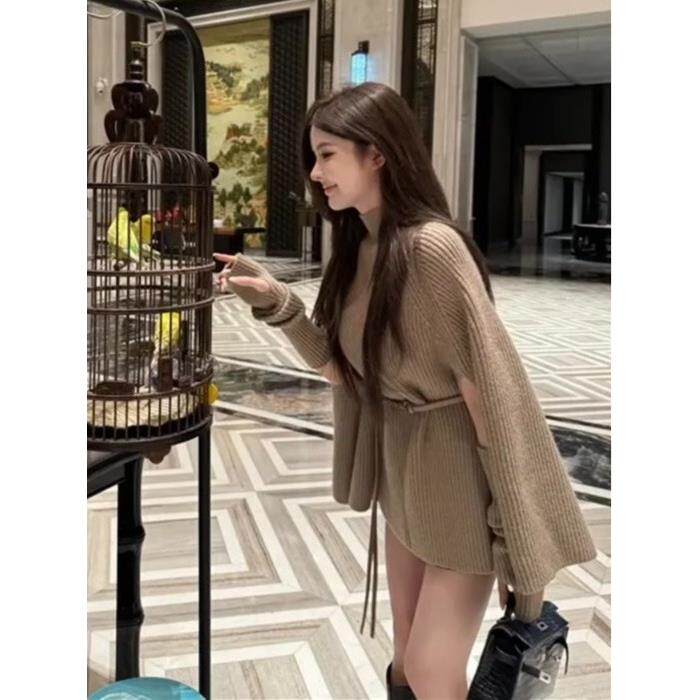 ROUMIKL韩系千金感斗篷毛衣外套女秋冬小个子慵懒风披肩外搭针织