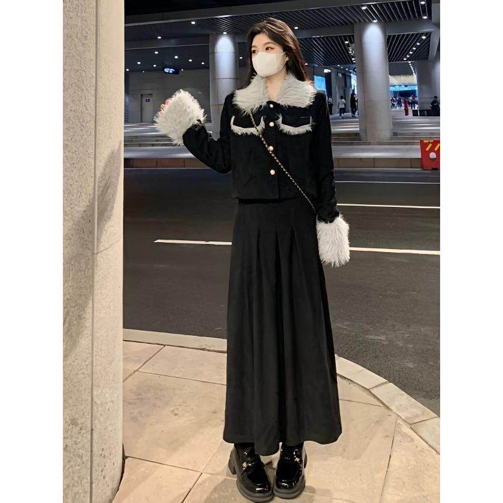 ROUMIKL大码女装秋冬小香风长袖拼毛绒上衣外套半身裙两件套胖mm