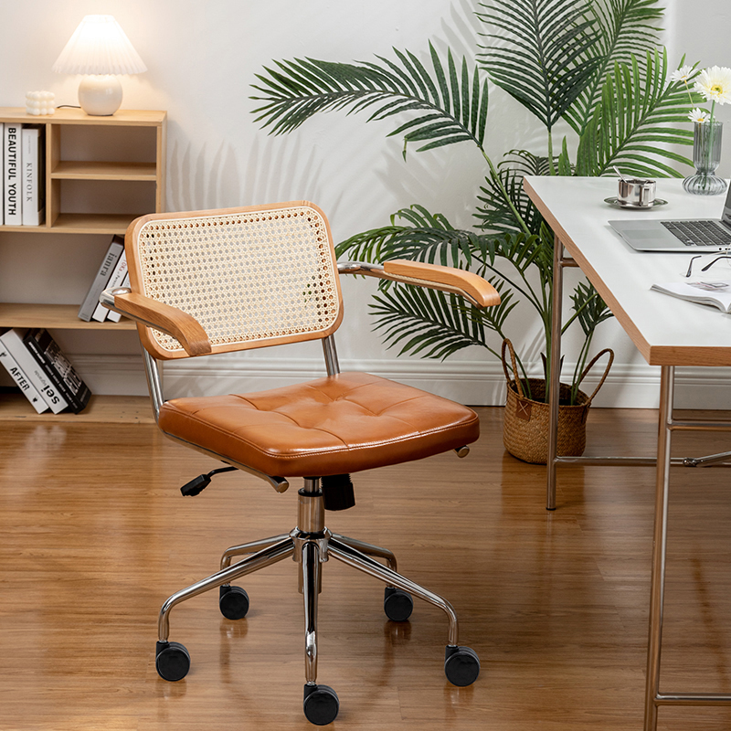 藤编电脑椅子办公实木复古旋转椅书房书桌学习人体工学座椅会议椅