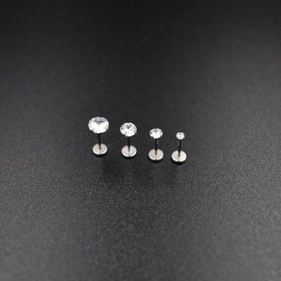 钛钢平底细杆插针款圆形超闪锆石睡觉不用摘耳钉耳骨钉唇钉耳蜗钉
