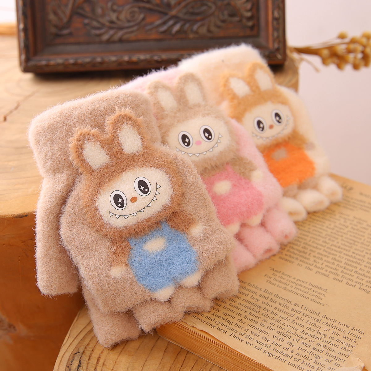 拉布布儿童半指翻盖手套冬季保暖防寒男女童半截漏手指学生写字