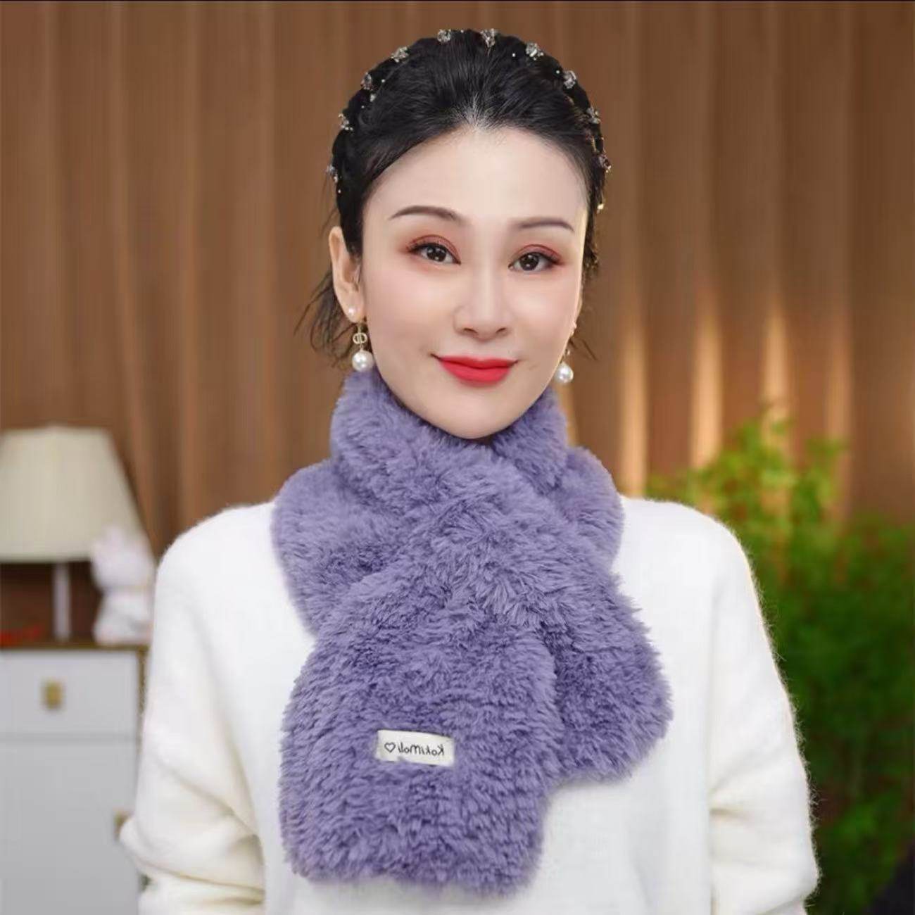 围巾女士秋冬季高级感亲肤加厚保暖毛绒韩版毛领百搭时尚红色围脖