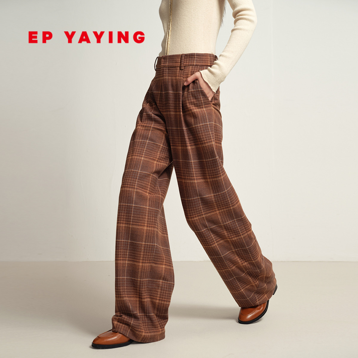 绵羊毛牦牛绒雅莹格纹西装裤