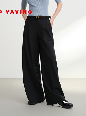 EP雅莹2025早秋新品 精纺羊毛拖地裤 垂感高腰显瘦阔腿裤女6402A