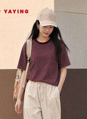 雅莹弹力棉条纹宽松T恤上衣