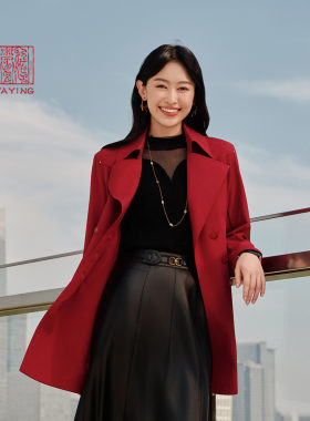 雅莹100纯羊毛红色风衣外套