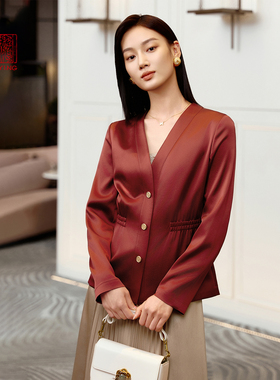 EP雅莹高端系列 酒红色光泽感对襟收腰正装外套女 2025新款1210B