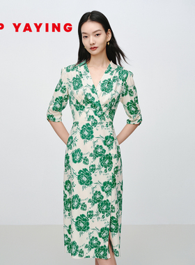 EP雅莹 真丝连衣裙女弹力收腰显瘦V领牡丹印花 商场同款 4632A