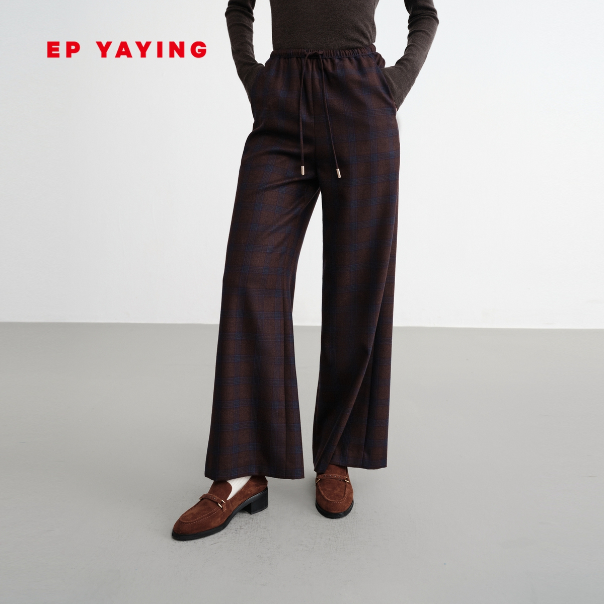 雅莹100%纯羊毛裤子格纹阔腿裤