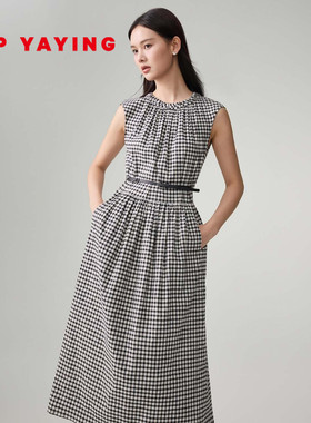 EP雅莹2026春季新款女装 黑白格纹亚麻小飞袖A字显瘦连衣裙4110A