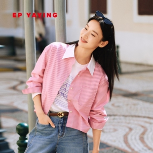 EP雅莹2026新款女装 气质翻领长绒棉宽松粉色长袖条纹衬衫2105B