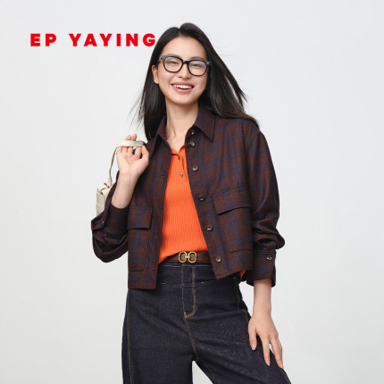 EP雅莹2025早秋新品 100绵羊毛质感翻领格子衬衫式短外套1213A
