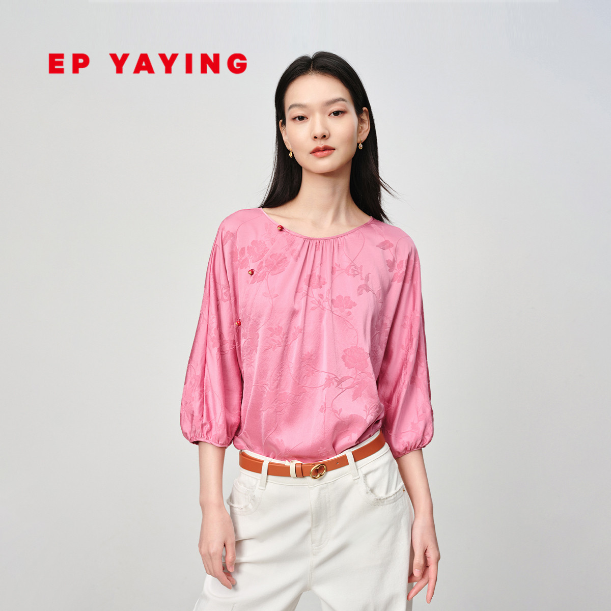 EP雅莹 真丝提花宽松圆领衬衫套头小上衣 商场同款 2243A