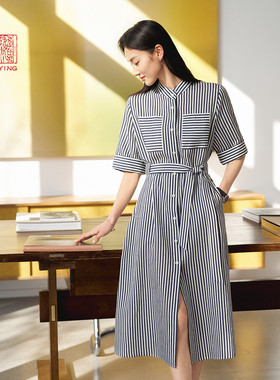 EP雅莹高端系列 天丝立领条纹中长款连衣裙 2025春季新款4655A
