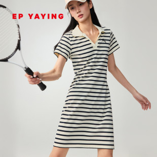 撞色条纹翻领收腰短袖 女装 针织连衣裙4703A 新款 EP雅莹2026春装