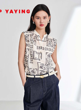 EP雅莹2026春季新款女装 100%棉立V领印花罩袖上衣衬衫2332A