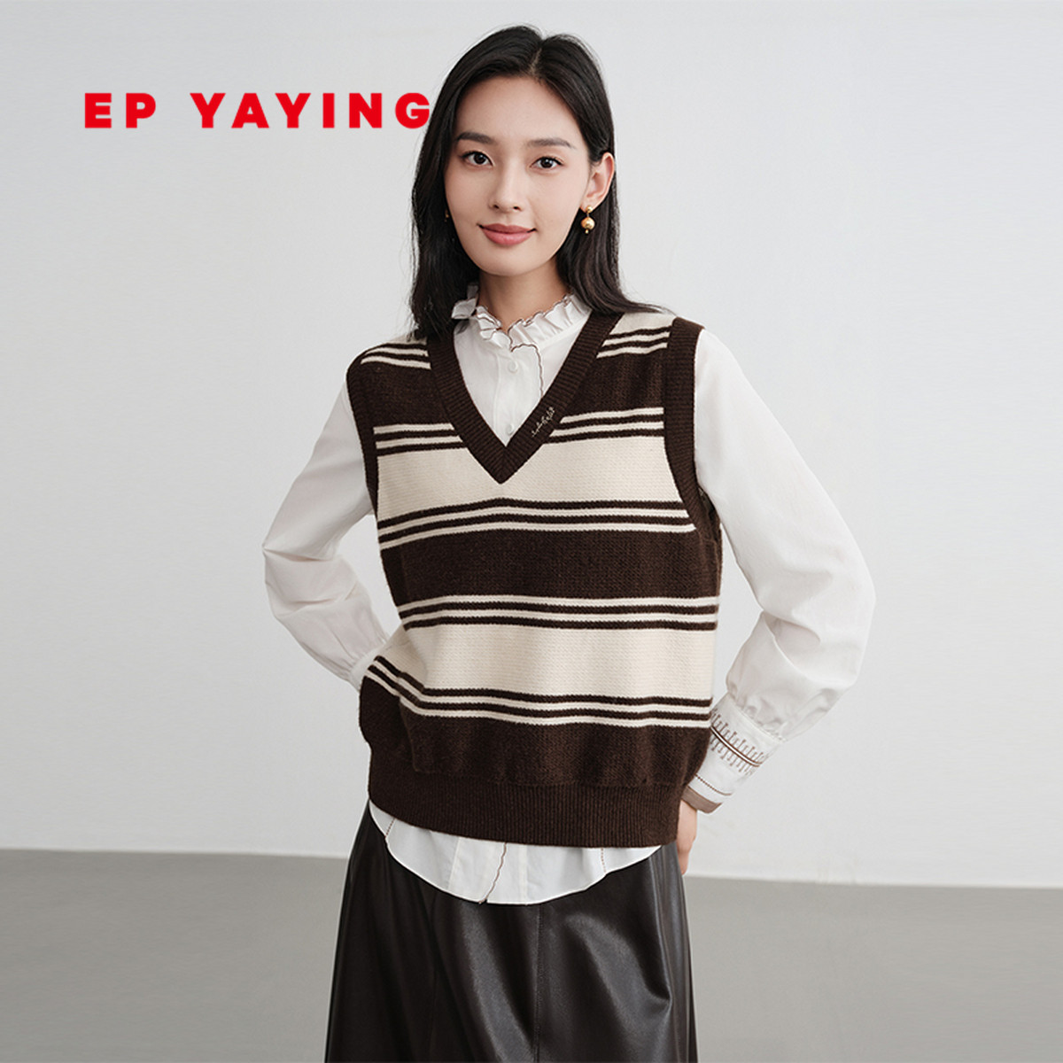 EP雅莹 牦牛绒绵羊毛条纹V领针织马甲背心 商场同款 9011A