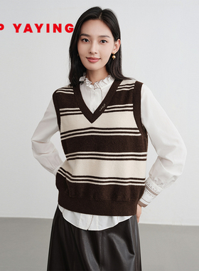 EP雅莹2025早秋新款女装 牦牛绒绵羊毛条纹V领针织马甲背心9011A