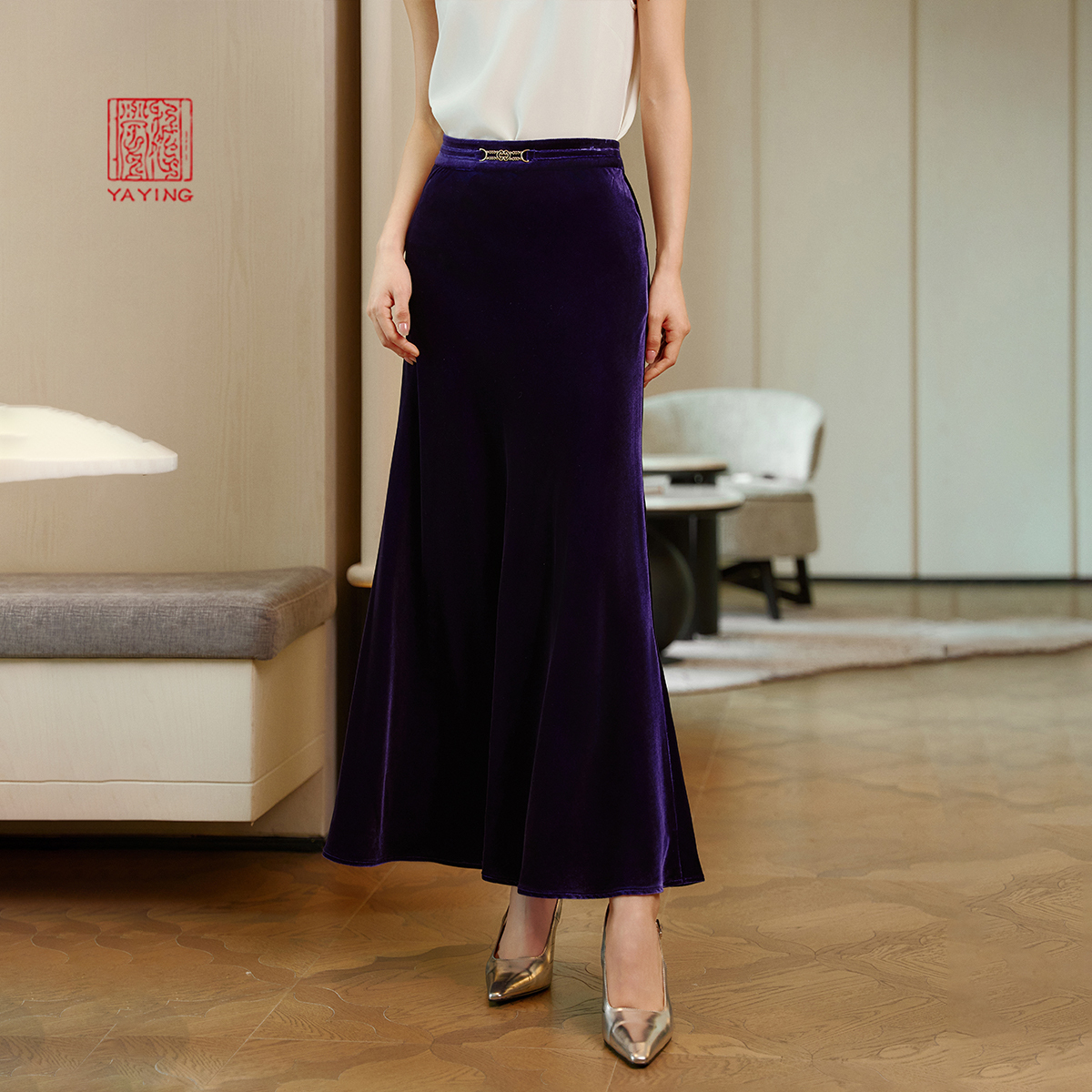 雅莹真丝弹力丝绒鱼尾半身裙