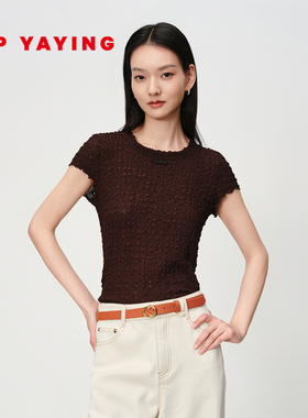 EP雅莹2025春季新款女装 真丝肌理感小衫收腰修身短袖上衣5503A