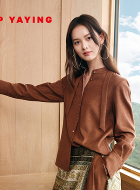 EP雅莹2025早秋新款女装 气质绵羊毛宽松立领飘带长袖衬衫2213A