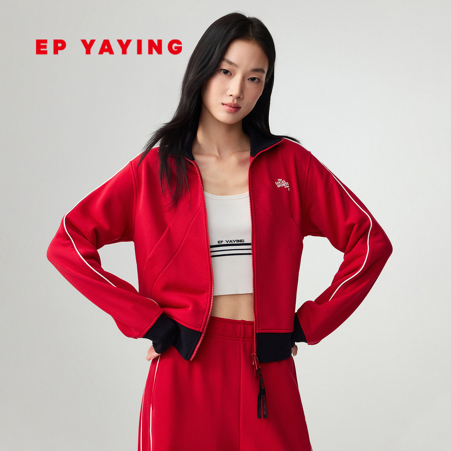 EP雅莹2026新款女装 红色宽松休闲立领松弛感短款运动外套1301A