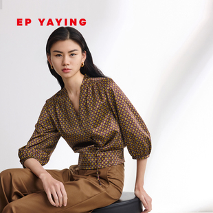 2320A 商场同款 EP雅莹女装 老钱风真丝弹力满印logo垂感衬衫