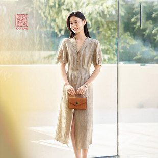 新款 EP雅莹高端系列 2025春季 茶歇裙连衣裙 4702B 亚麻V领泡泡袖