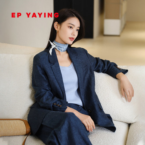藏青一手长亚麻西装正装外套雅莹
